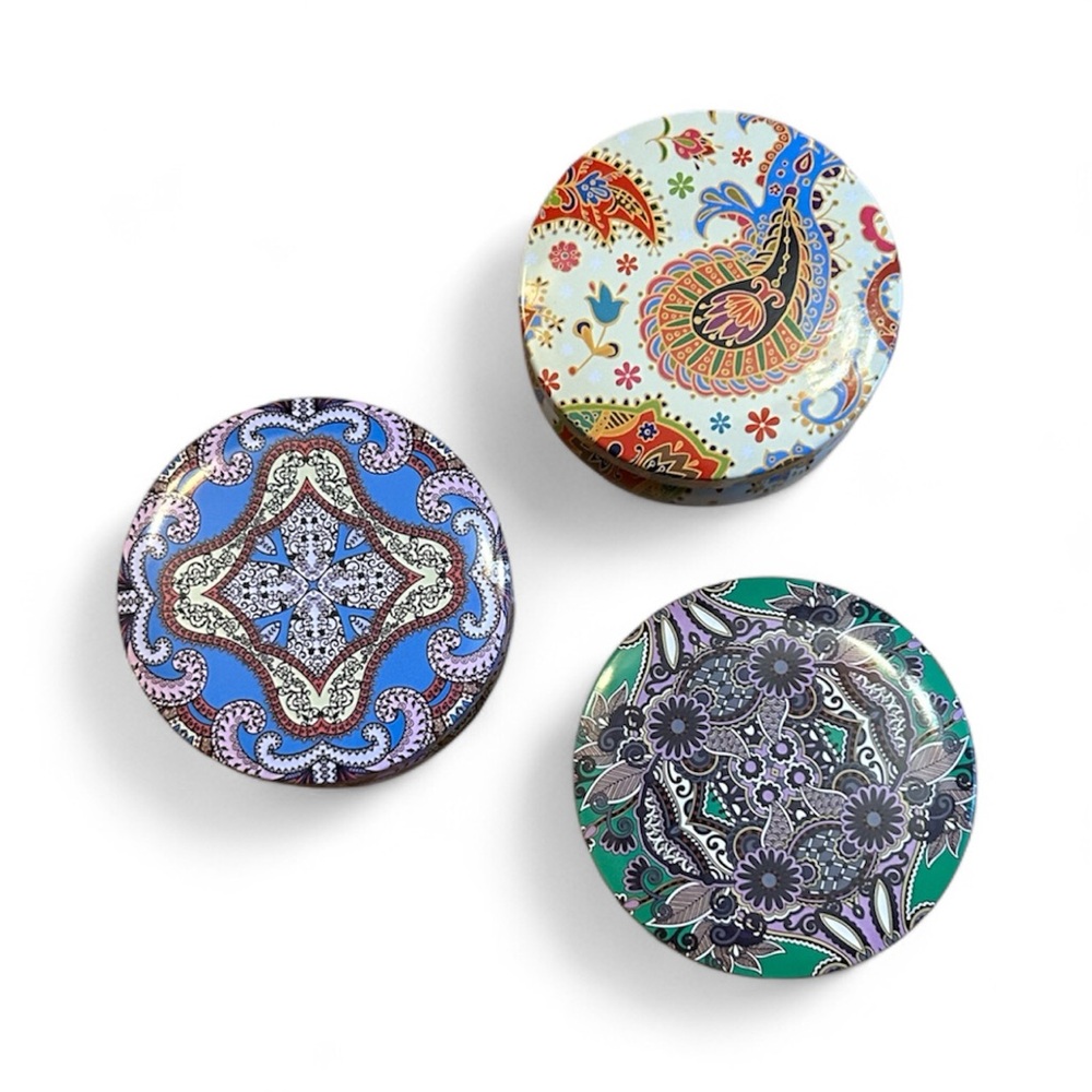 Soy Wax Candles, Set of 3 in different decorative metal tins with lids.